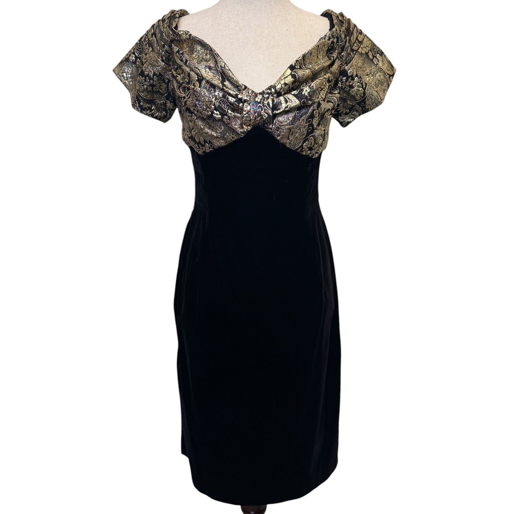 Vtg Scott McClintock Velvet Floral Brocade Cocktail Dress 14 Black Gold Goth